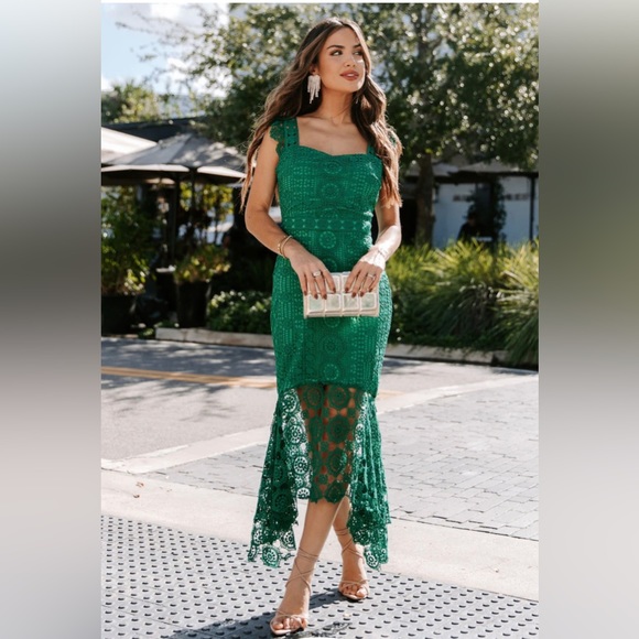 NWT Vici Emerald Green Crochet Lace Ruffle Midi Dress XS Feminine Chic Vacation - Picture 5 of 9